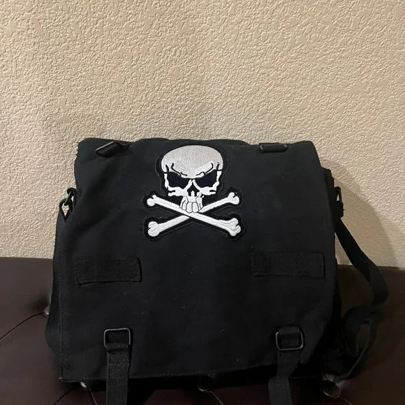 ARMY Tough Vintage Canvas Shoulder Bag Black Color With Skull & Bone Patch - NEW